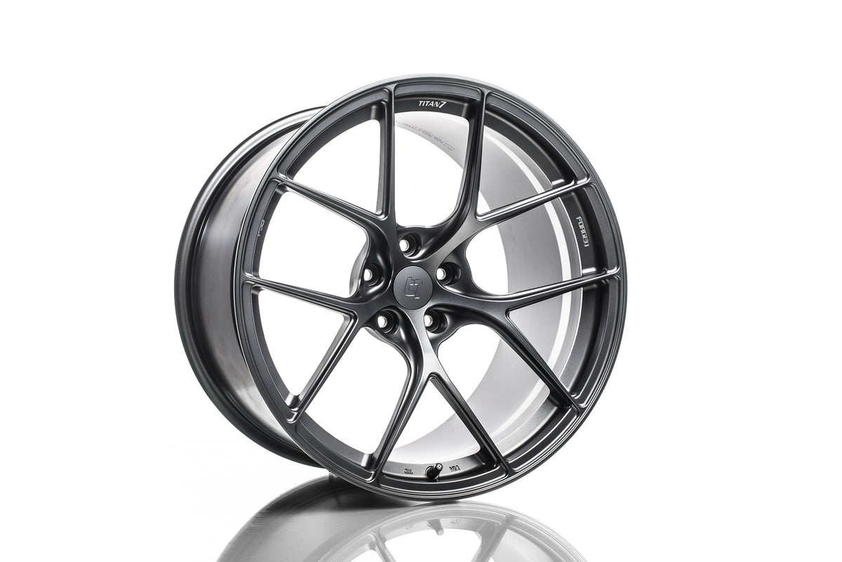 Titan 7 T-S5 forged split 5-spoke wheel in Satin Titanium, 17x9.5 +57 5x114.3