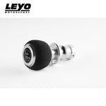 LEYO black Alcantara DSG shift knob (silver anodised) – lying on side, top emblem view - LEYO Thumbnail