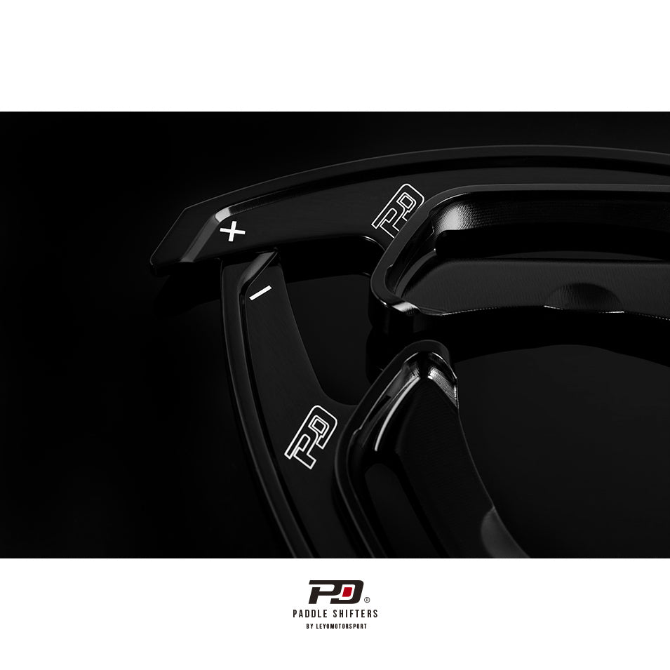 LEYO billet paddle shift extensions – Mercedes-Benz – black paddles angled close-up