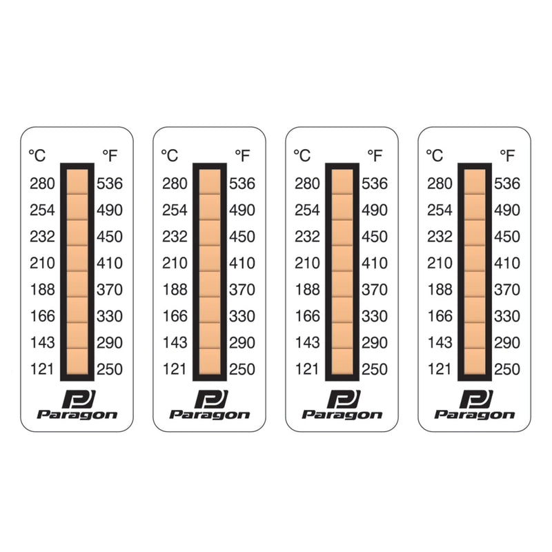 Paragon caliper temperature indicator strips, 121–280°C scale - Paragon