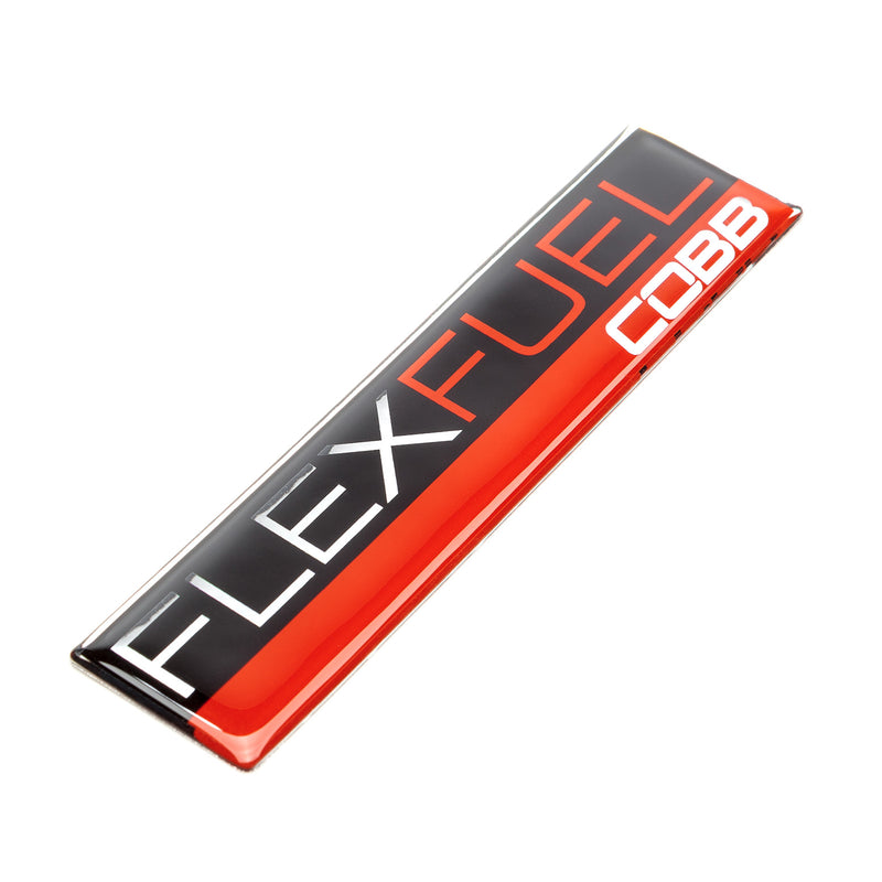COBB Flex Fuel badge – red and black domed badge, front view - Cobb Tuning