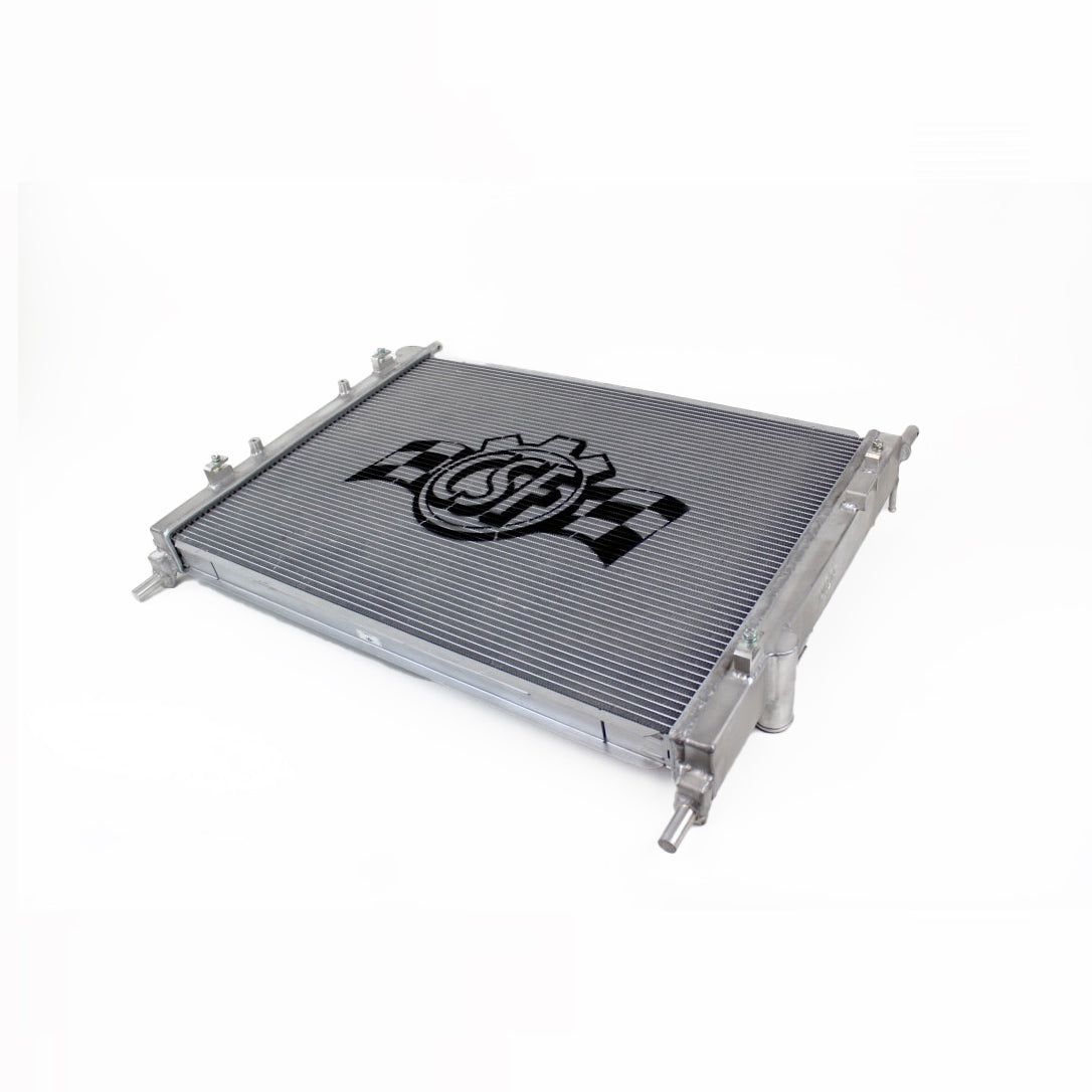 CSF 2-row aluminium radiator – Ford Mustang EcoBoost – angled view of core and end tanks