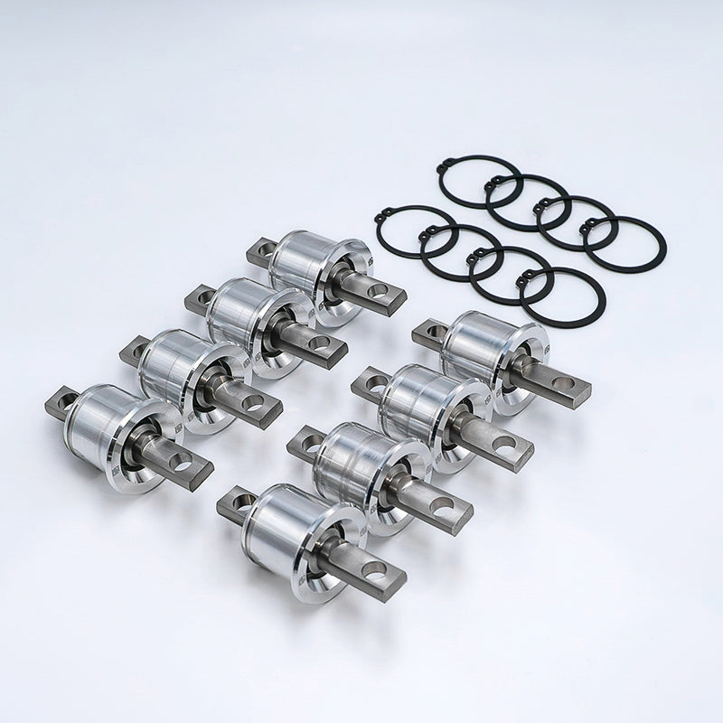 Suspension Secrets upper control arm monoball bushes, set of 8 with circlips laid out - Suspension Secrets