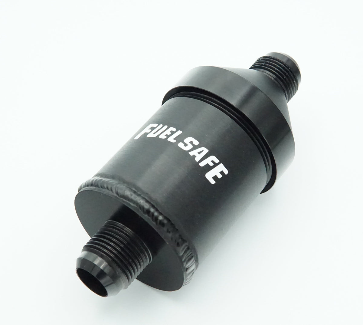 Fuel Safe DV100 discriminator valve in black machined aluminium with -12AN male fittings – side view