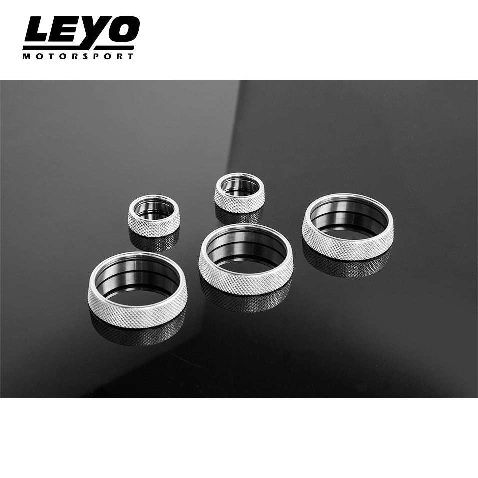 LEYO billet aluminium knob set 5pc – rings on black gloss surface