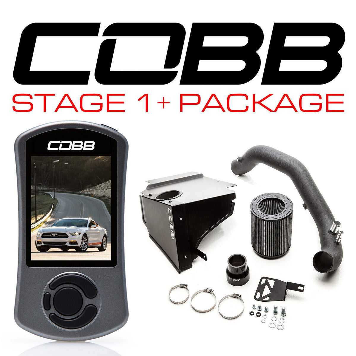 COBB Stage 1+ Power Package – Ford Mustang EcoBoost – Accessport and boxed airbox intake laid out