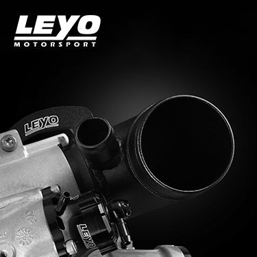 LEYO high flow turbo inlet elbow – fitted to turbocharger, front view with LEYO logo