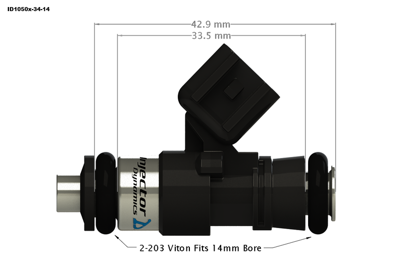 Injector Dynamics ID1050x XDS injector, compact 34mm body with 14mm top and 14mm bottom o-rings - Injector Dynamics