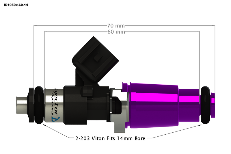 Injector Dynamics ID1050x XDS injector, 60mm body with 14mm top and 14mm bottom o-rings - Injector Dynamics