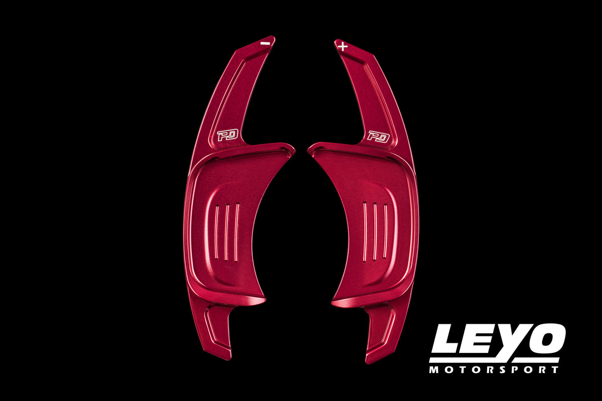 LEYO Gen 2 billet paddle shift extensions – Golf GTI/R Mk7 – red pair front view