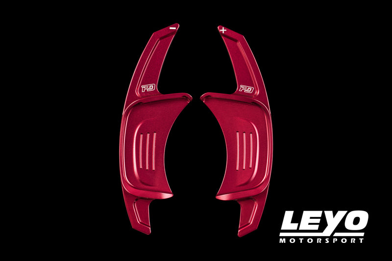 LEYO Gen 2 billet paddle shift extensions – Golf GTI/R Mk7 – red pair front view - LEYO