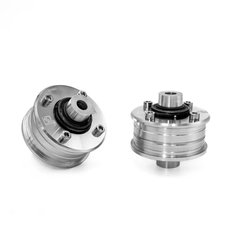 Suspension Secrets solid front control arm bushes, pair with bolted flanges on a white background - Suspension Secrets