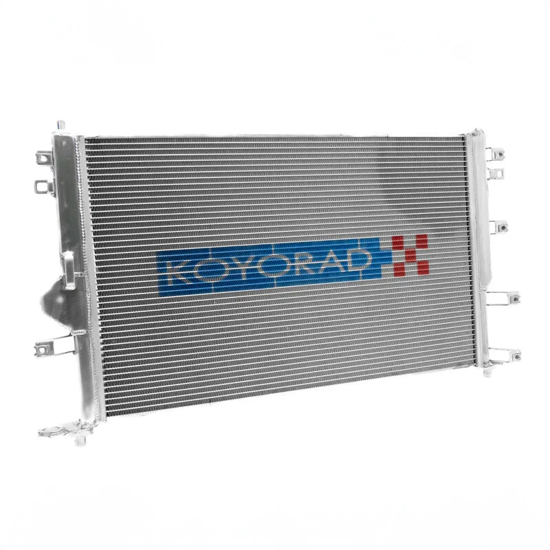 KOYORAD all-aluminium racing radiator – angled view with side tanks (product illustration)
