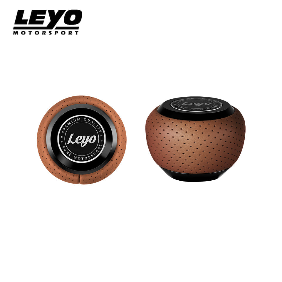 LEYO brown Nappa DSG shift knob – top badge and side view