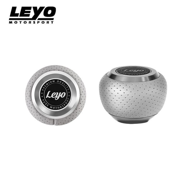 LEYO grey Nappa DSG shift knob – grey leather knob top and side view with LEYO emblem - LEYO