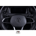 LEYO billet paddle shift extensions – VW Mk8-style wheel – fitted, close front view (product illustration) - LEYO Thumbnail
