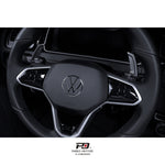 LEYO billet paddle shift extensions – VW Mk8-style wheel – fitted, angled view (product illustration) - LEYO Thumbnail