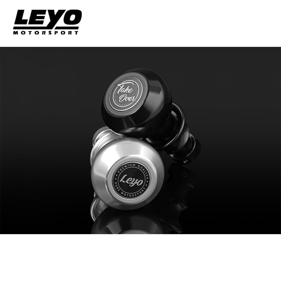 LEYO billet DSG shift knob – black and silver knobs showing top emblems