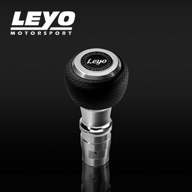 LEYO silver Nappa manual shift knob – knob with LEYO top emblem on black background