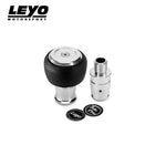 LEYO silver Nappa manual shift knob – knob with adapter and two top emblems laid out - LEYO Thumbnail