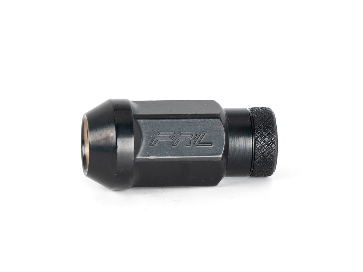 PRL black open-ended steel lug nut - side view