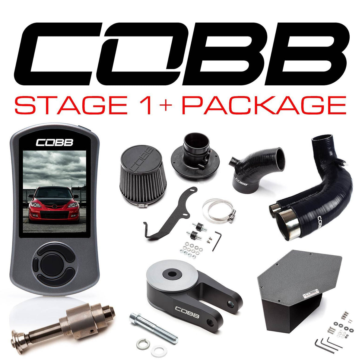 COBB Stage 1+ Power Package – Mazda3 MPS BK – full kit laid out, second copy (product illustration)