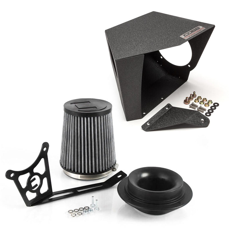 COBB SF intake and airbox – Mitsubishi Evo X – cone filter, velocity stack, brackets and airbox laid out - Cobb Tuning