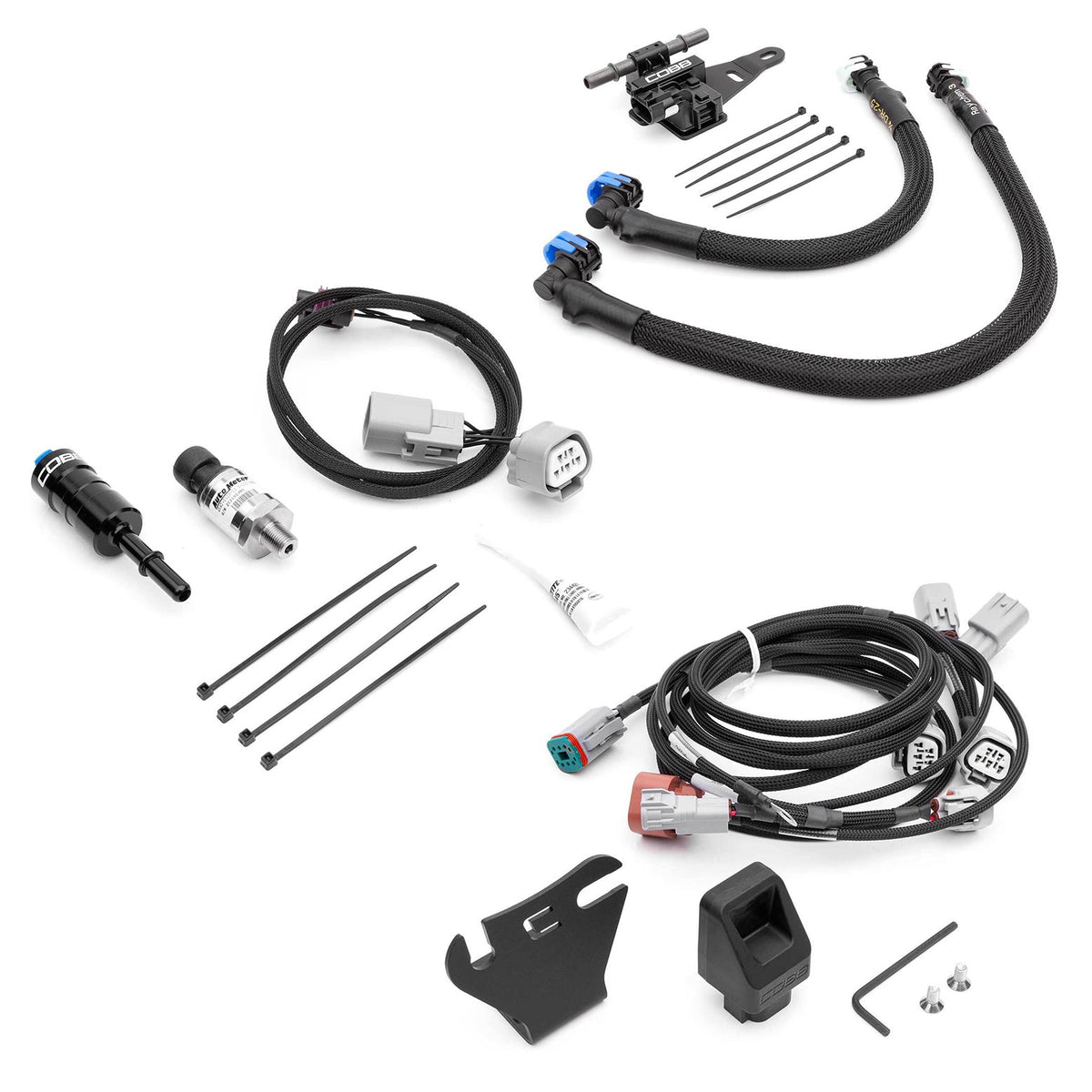 COBB NexGen flex fuel and fuel pressure kit – Subaru Impreza WRX – both sensor kits laid out