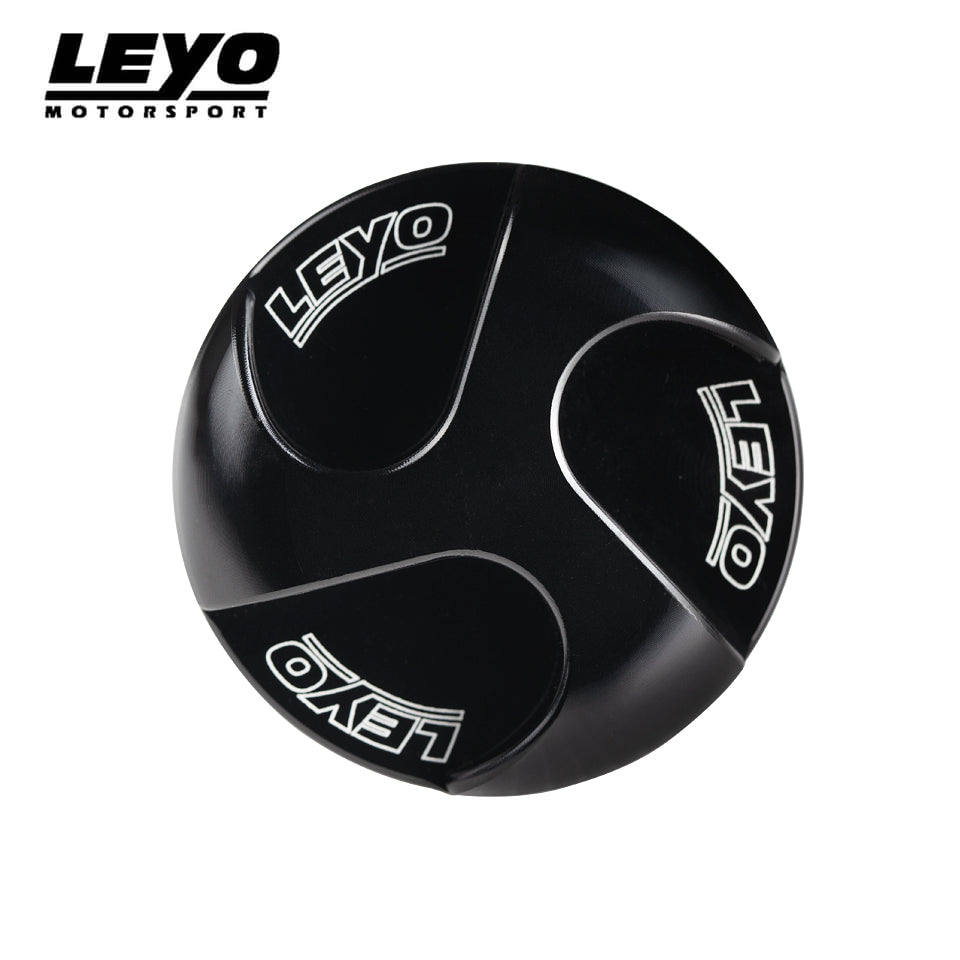 LEYO billet oil cap – top view with laser-etched logos