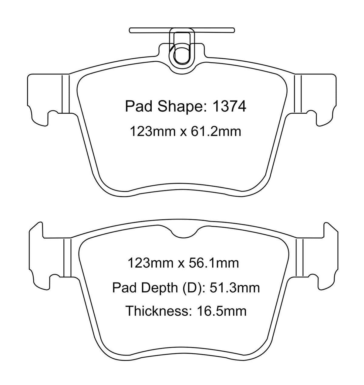 Paragon pad shape 1374 drawing, 123 x 61.2mm, 16.5mm thick (product illustration)