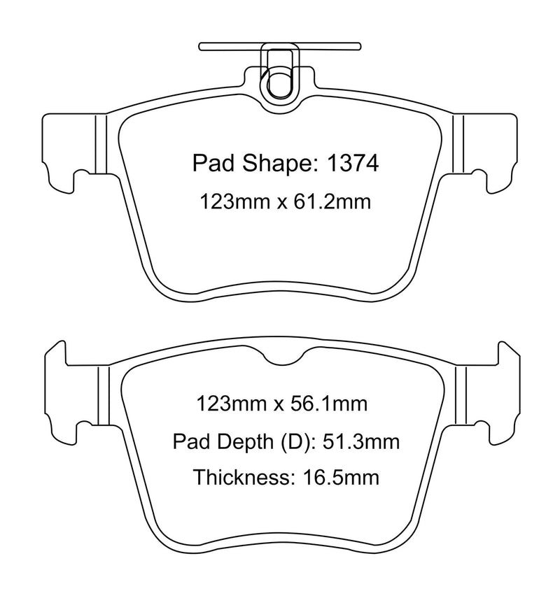 Paragon pad shape 1374 drawing, 123 x 61.2mm, 16.5mm thick (product illustration) - Paragon