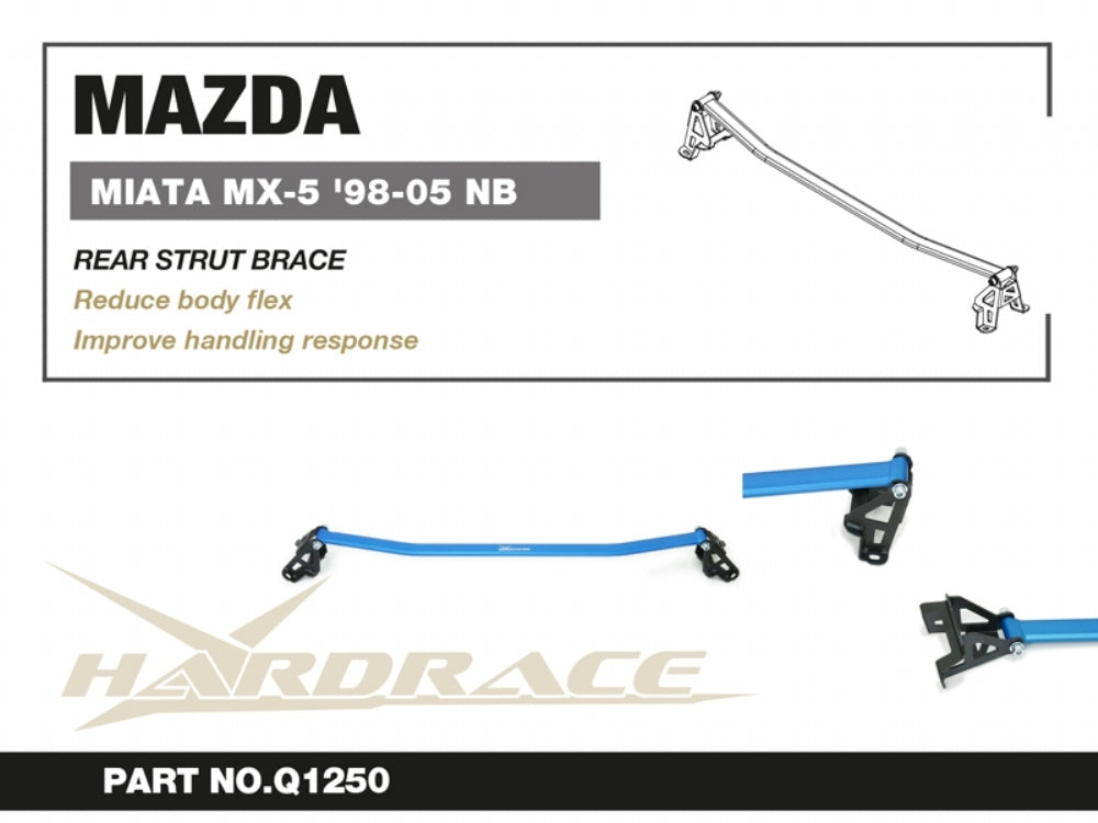 HARDRACE Rear Strut Brace – Mazda MX-5 (NB) – info card with part number and key points