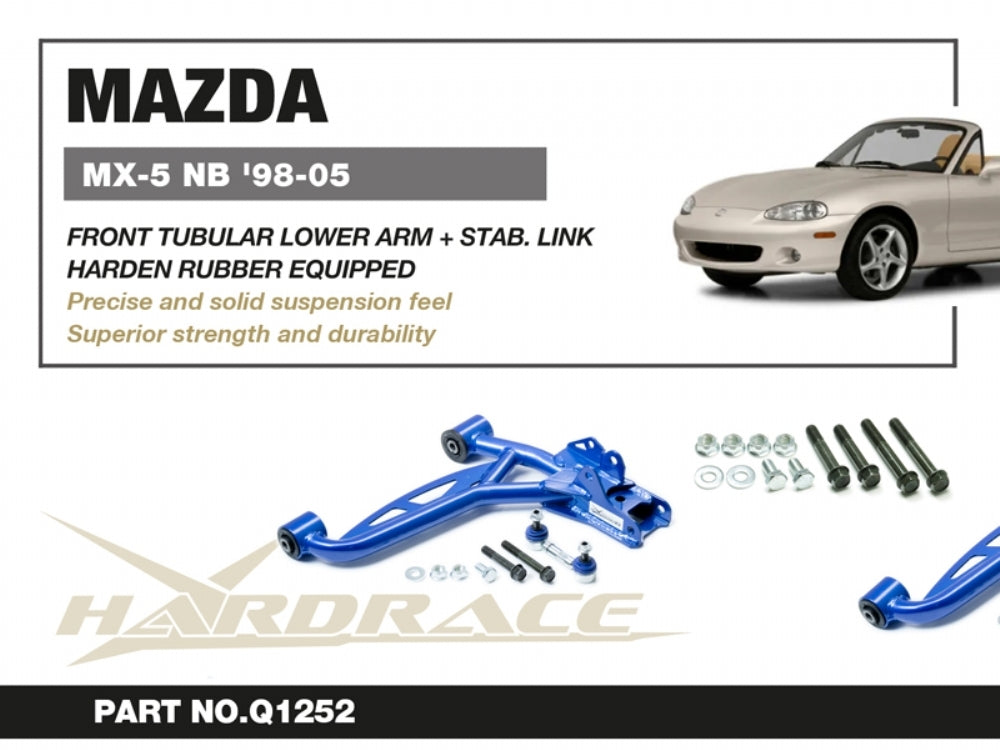 HARDRACE Front Tubular Lower Arms with Stabiliser Links – Mazda MX-5 (NB) – info card with part number and key points