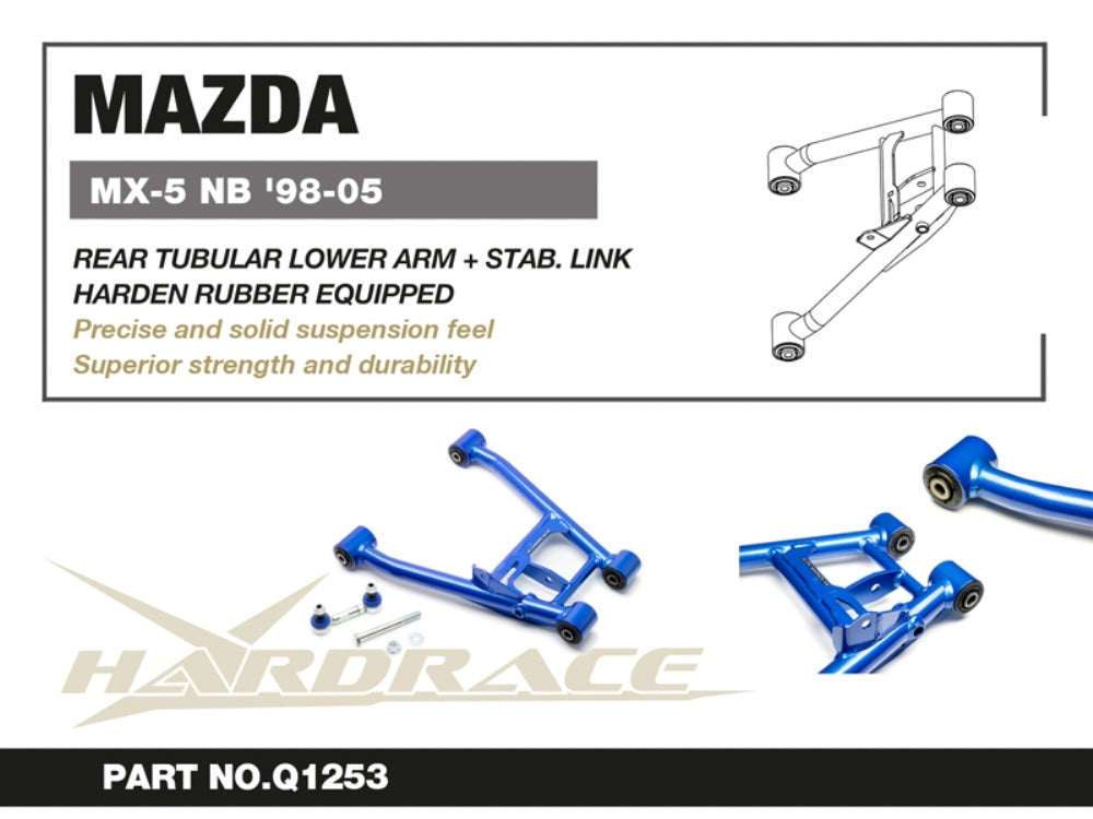 HARDRACE Rear Tubular Lower Arms with Stabiliser Links – Mazda MX-5 (NB) – info card with part number and key points