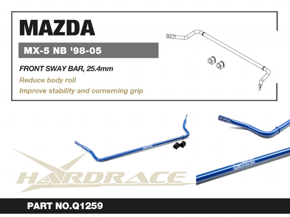 HARDRACE Front Sway Bar – Mazda MX-5 (NB) – info card with part number and key points