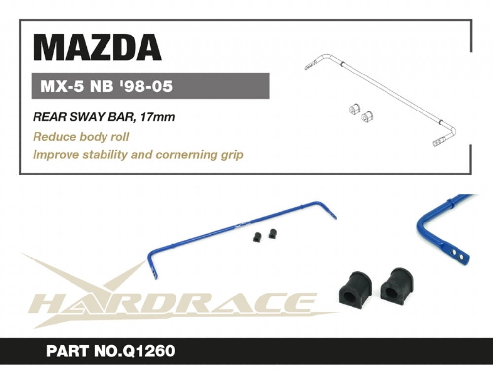 HARDRACE Rear Sway Bar – Mazda MX-5 (NB) – info card with part number and key points