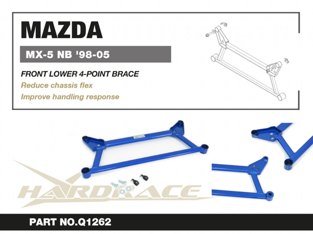 HARDRACE Front Lower 4-Point Brace – Mazda MX-5 (NB) – info card with part number and key points