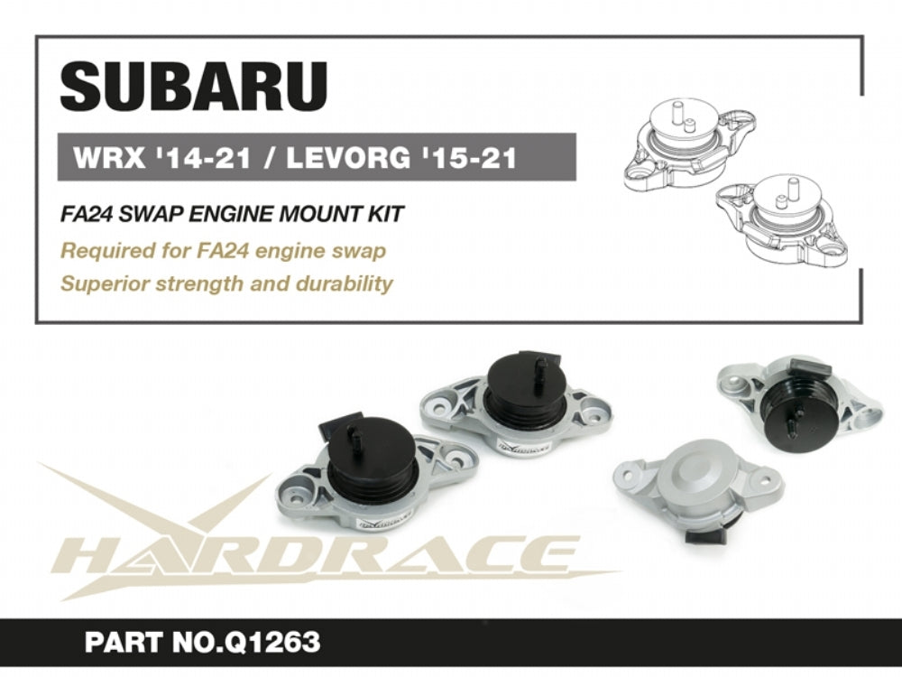 HARDRACE FA24 Swap Engine Mount Kit – Subaru WRX (VA) / Levorg (VM) – info card with part number and key points