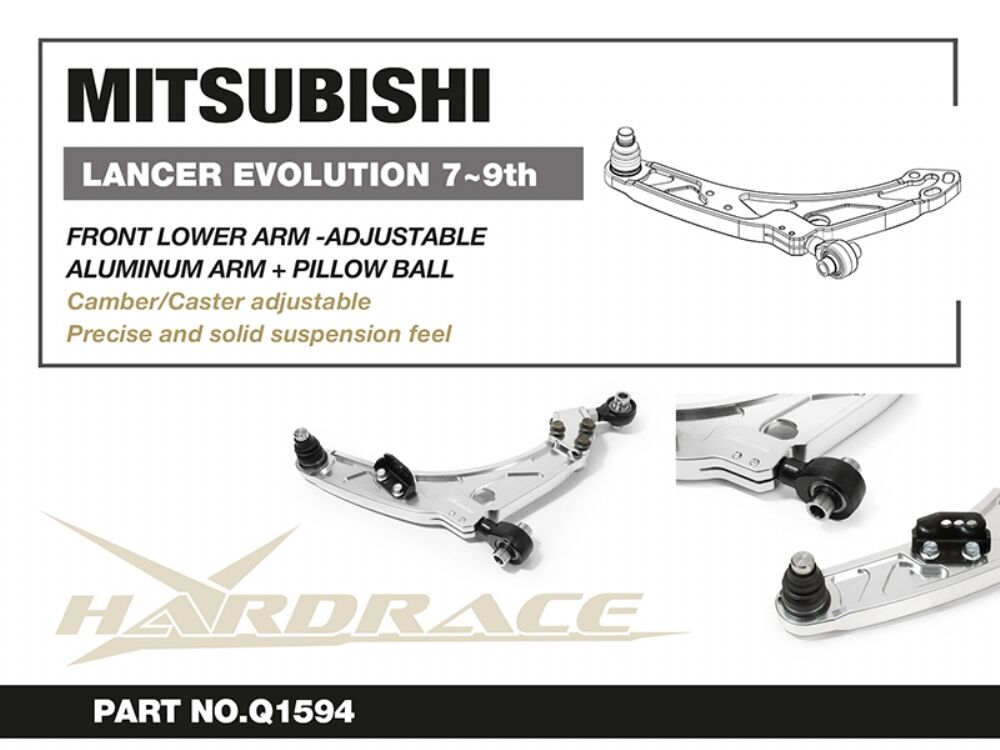 HARDRACE Front Adjustable Lower Control Arms – Mitsubishi Lancer Evolution VII-IX – info card with part number and key points