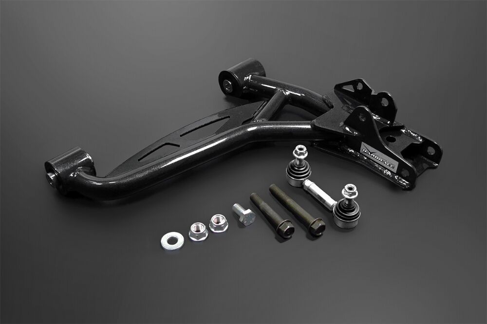 HARDRACE front tubular lower arm – Mazda MX-5 NA/NB – arm, stabiliser link and hardware on dark background