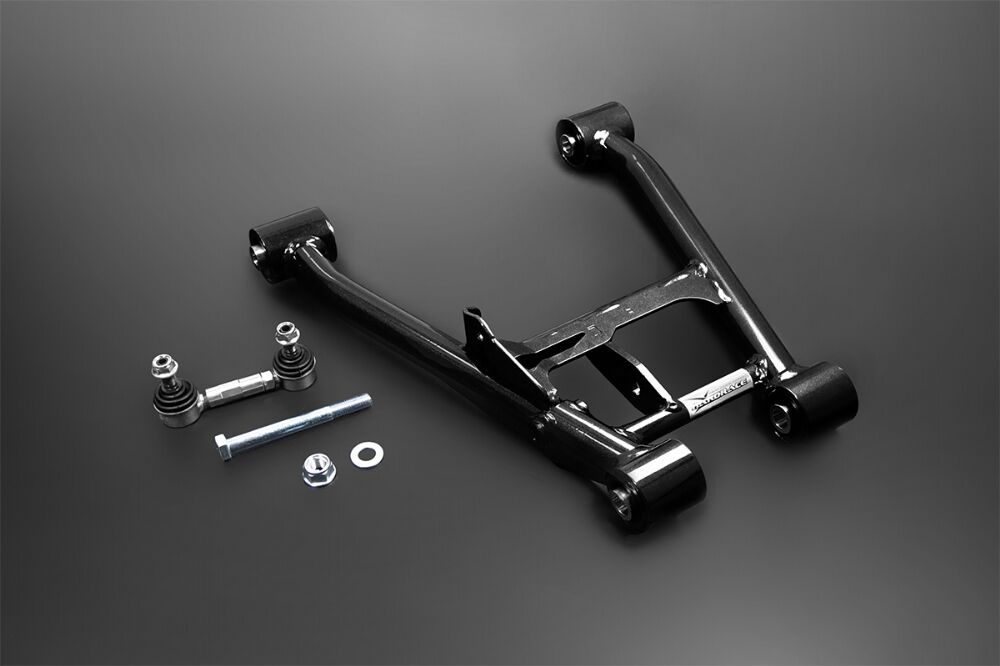 HARDRACE rear tubular lower arm – Mazda MX-5 NA/NB – arm, stabiliser link and hardware on dark background