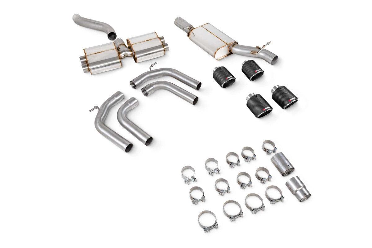 Scorpion cat/GPF-back exhaust system – Audi S3 8Y Sedan – resonated, non-valved, carbon Ascari, kit laid out