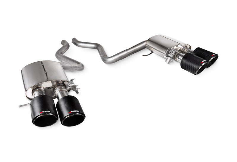 Scorpion half system – Range Rover Sport SVR – Ascari carbon fibre tailpipes – three-quarter view - Scorpion Exhausts