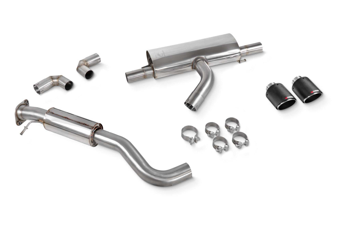 Scorpion GPF-back exhaust – Toyota GR Yaris Gen 2 – resonated, Ascari carbon tips, kit laid out