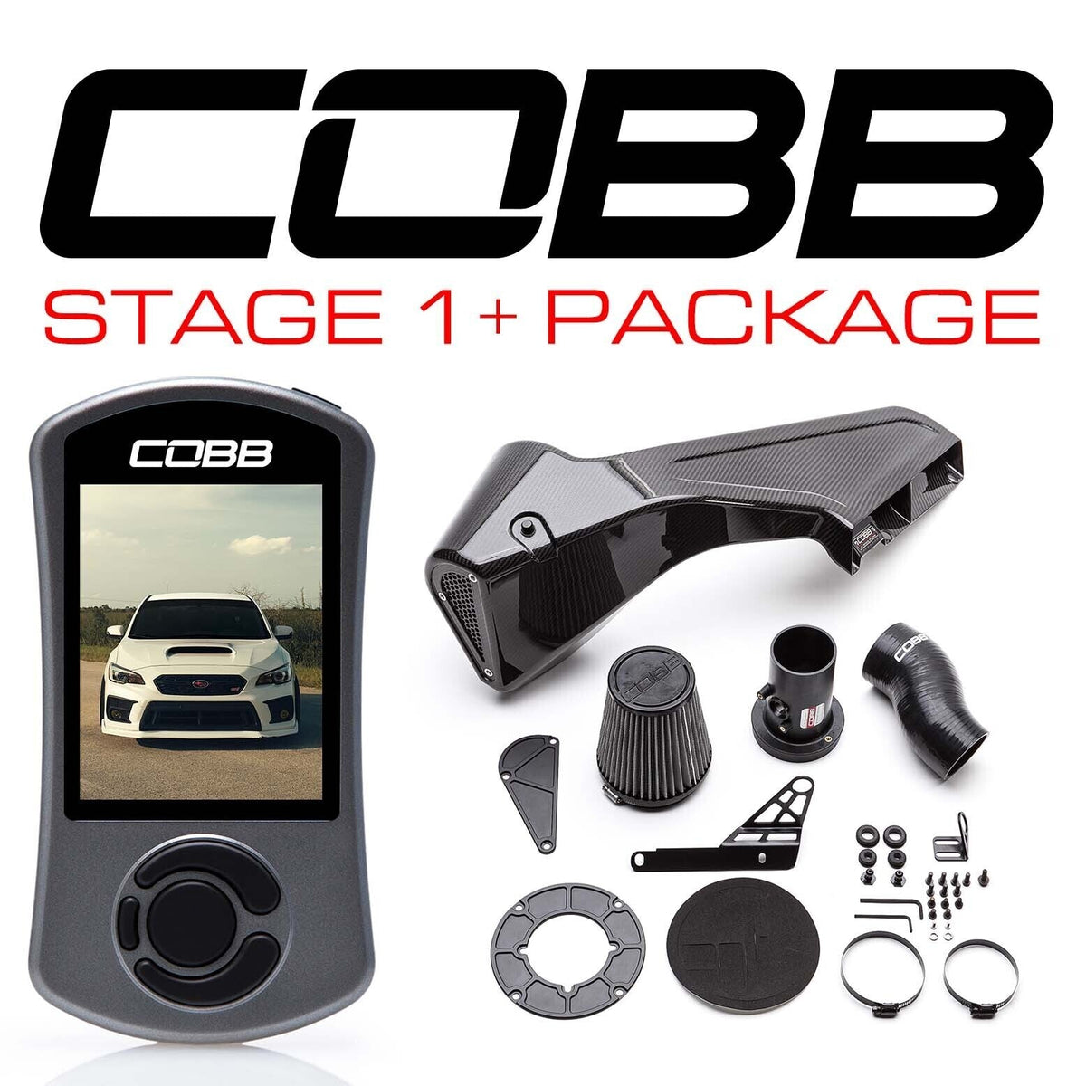 COBB Stage 1+ package – Subaru WRX STI VA – Accessport and intake parts laid out
