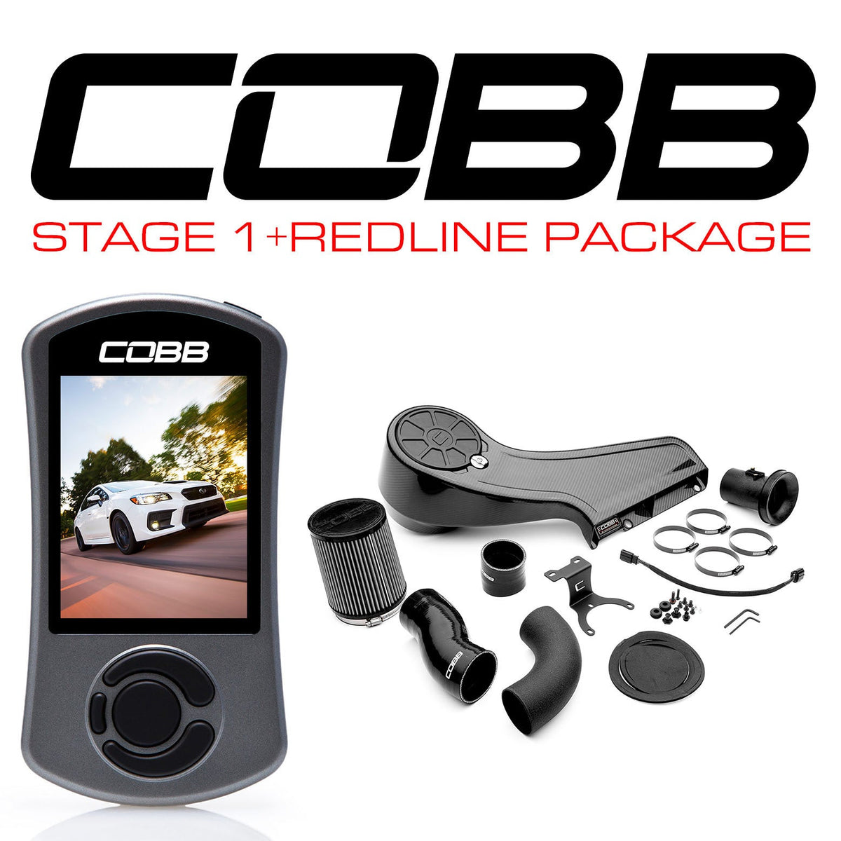 COBB Stage 1+ Redline package – Subaru WRX VA – Accessport and intake parts laid out