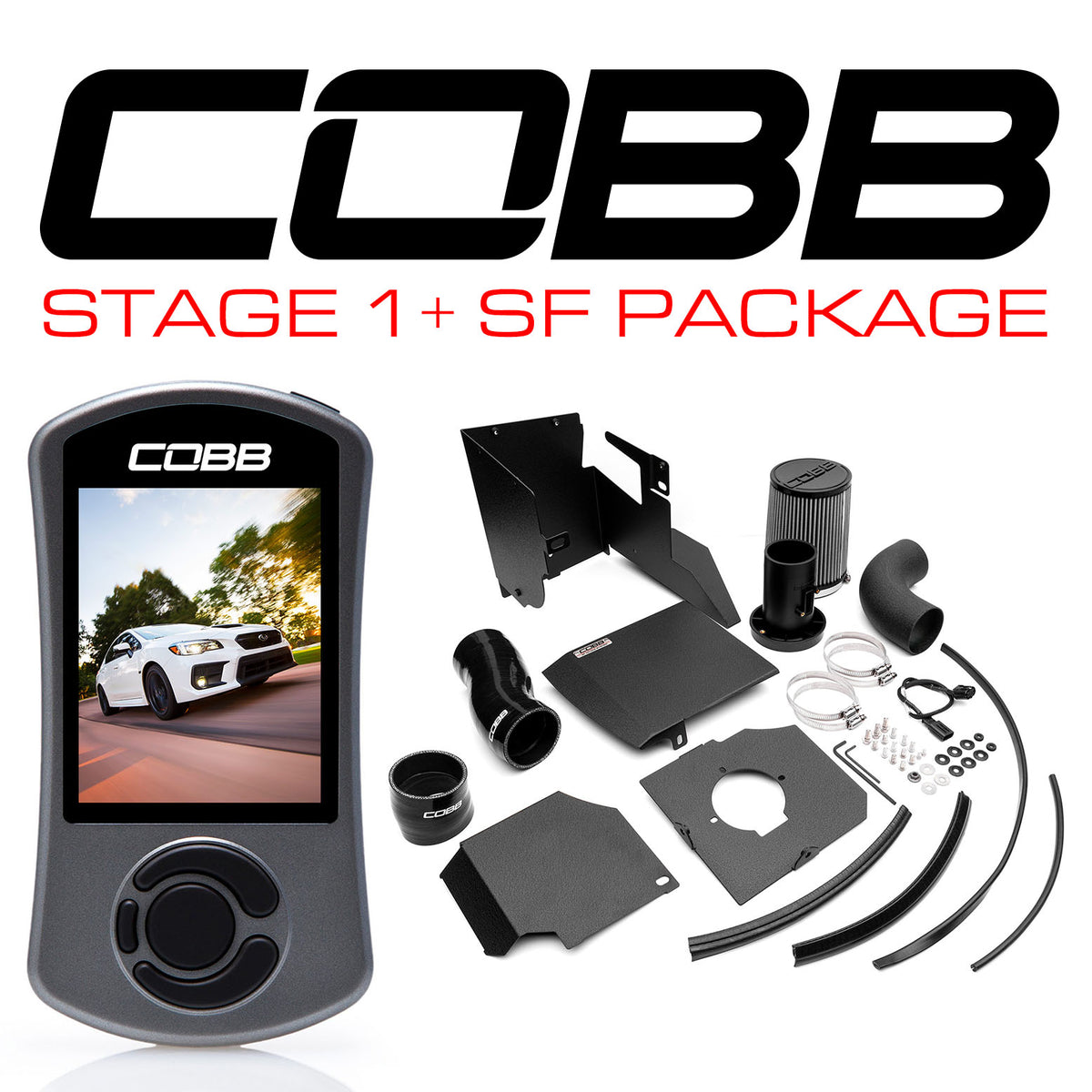 COBB Stage 1+ SF Power Package – Subaru WRX VA – Accessport V3 and SF intake kit laid out