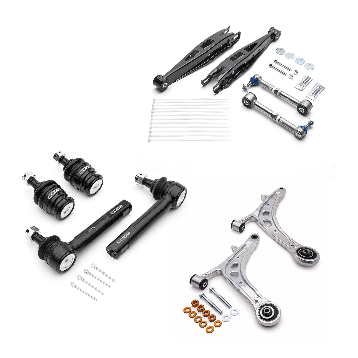COBB alignment package – Subaru WRX/STI VA – front alloy arms, roll centre kit, rear arms and hardware laid out