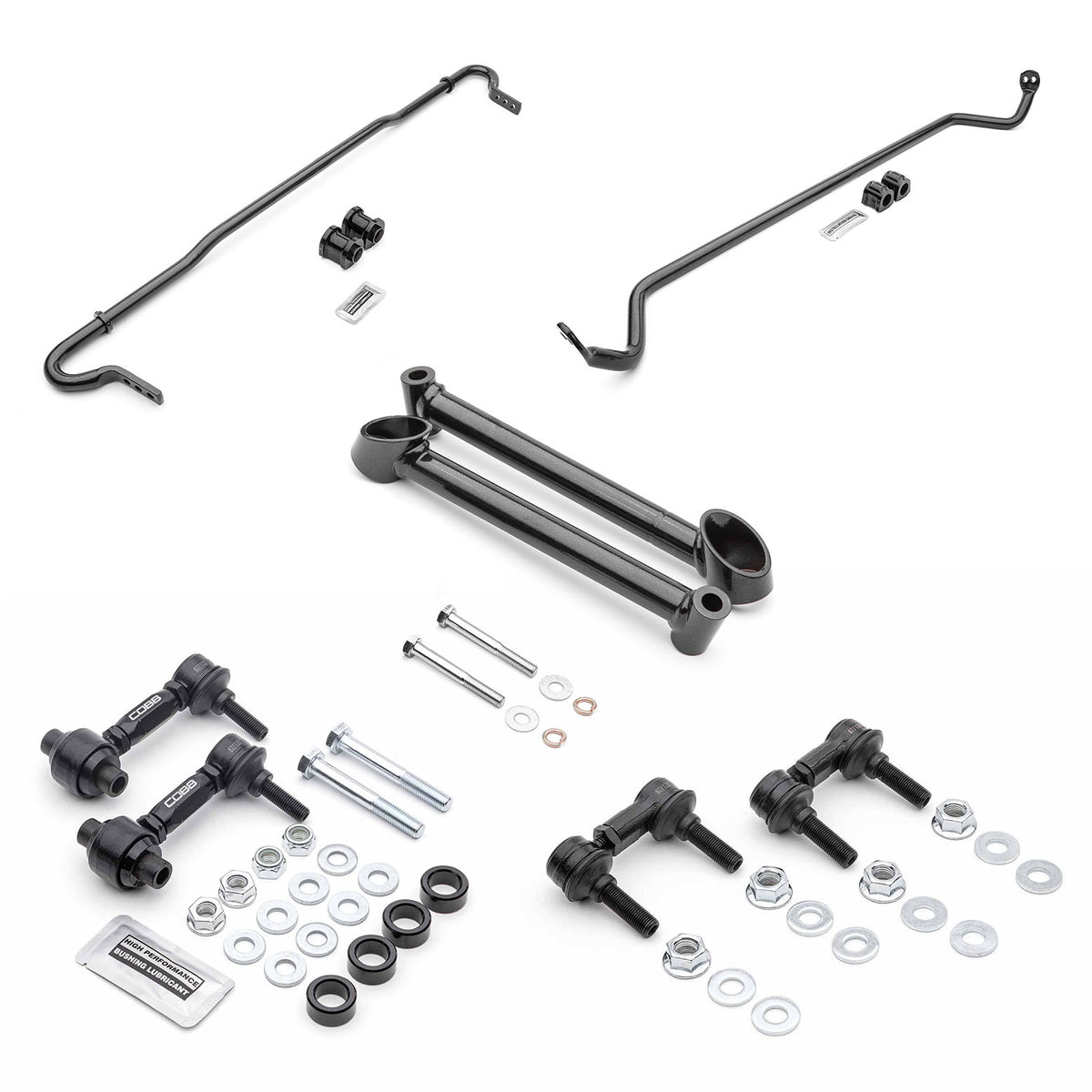 COBB sway bar package – Subaru WRX STI VA – front and rear bars, end links, reinforcement brace and hardware laid out