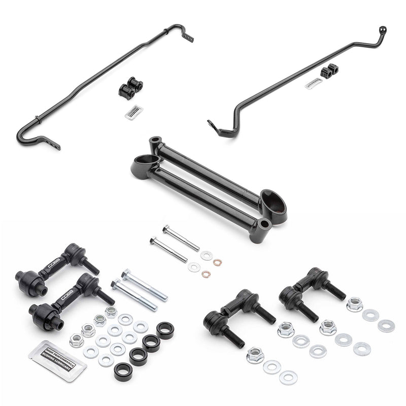 COBB sway bar package – Subaru WRX STI VA – front and rear bars, end links, reinforcement brace and hardware laid out - Cobb Tuning
